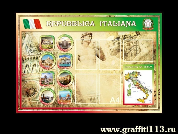 Стенд информационный в кабинет иностранного языка с карманами, картой Италии и фото достопримечательностей