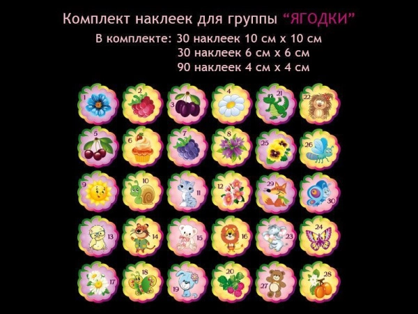Детские наклейки на шкафчики для группы Ягодки в ДОУ, всего в комплекте 150 наклеек
