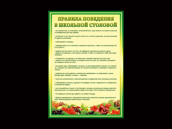 Яркий и красочный стенд Правила поведения в столовой для школьников.