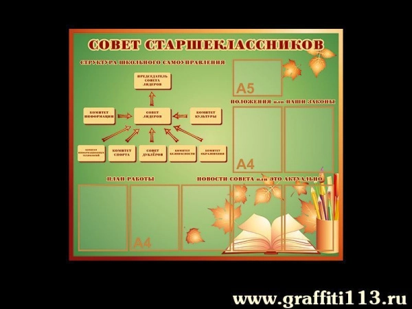 Стенд Совет старшеклассников в школе с карманами и наглядной структурой совета