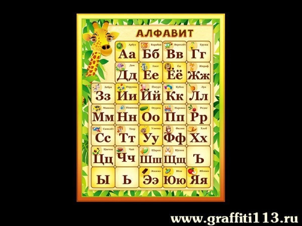 Пособие для начальной школы - печатные буквы русского алфавита с картинками и примерами слов.
