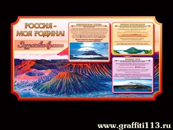 Школьный стенд о России - Задумчивые вулканы для размещения в школьных коридорах, с интересной информацией о вулканах России