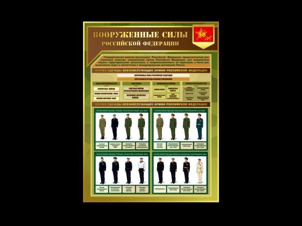 Стенд Вооруженные силы Российской Федерации является важным информационным носителем базовых знаний теории начальной военной подготовки. Стенды ВС РФ наглядно иллюстрируют структуру и форму одежды военнослужащих.