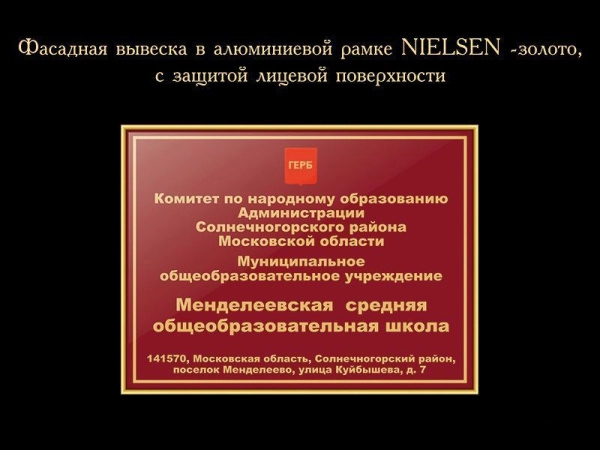 Фасадная вывеска школы, бордовая в алюминиевой рамке золотистого цвета