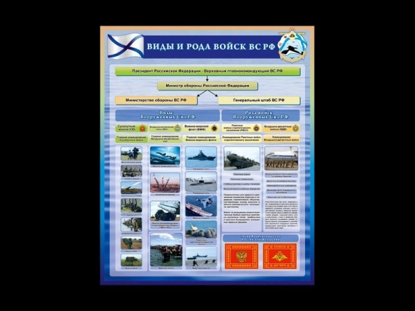 Пособие Виды и рода войск РФ с наглядными изображениями, для размещения в классе начальной военной подготовки