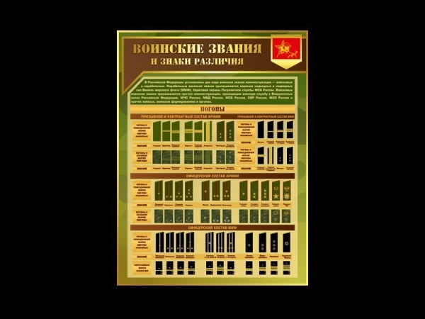 Стенд Воинские звания и знаки различия для размещения в кабинете ОБЖ, наглядно иллюстрирует структуру воинских званий Вооруженных сил Российской Федерации и Военно-Морского Флота.