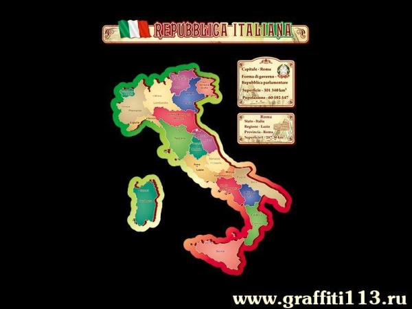 Стенд Карта Италии фигурная в кабинет иностранного языка с обозначением регионов, в стиле ретро